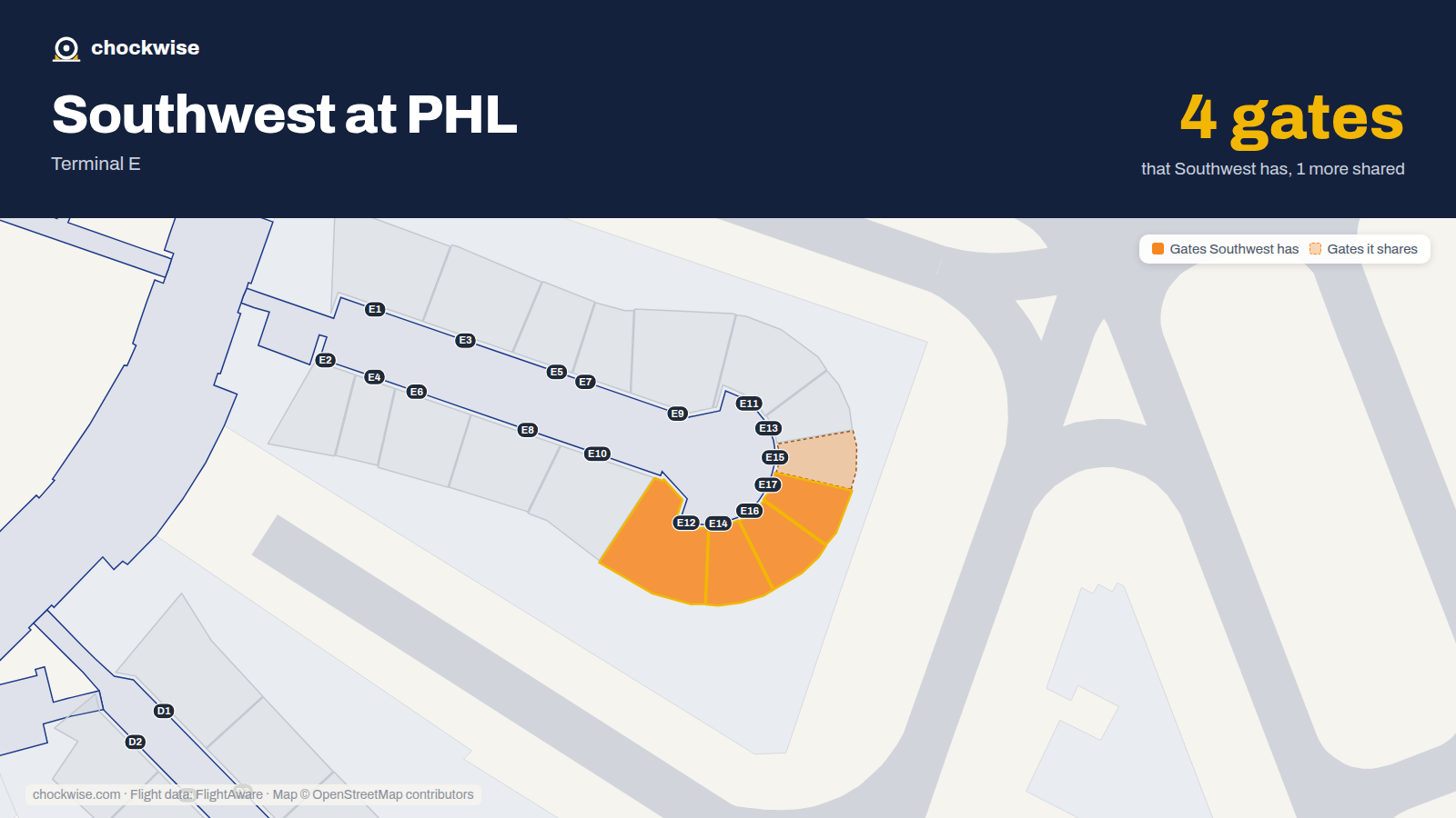 Map of PHL with the gates Southwest Airlines uses highlighted: E12, E14, E16 and E17.