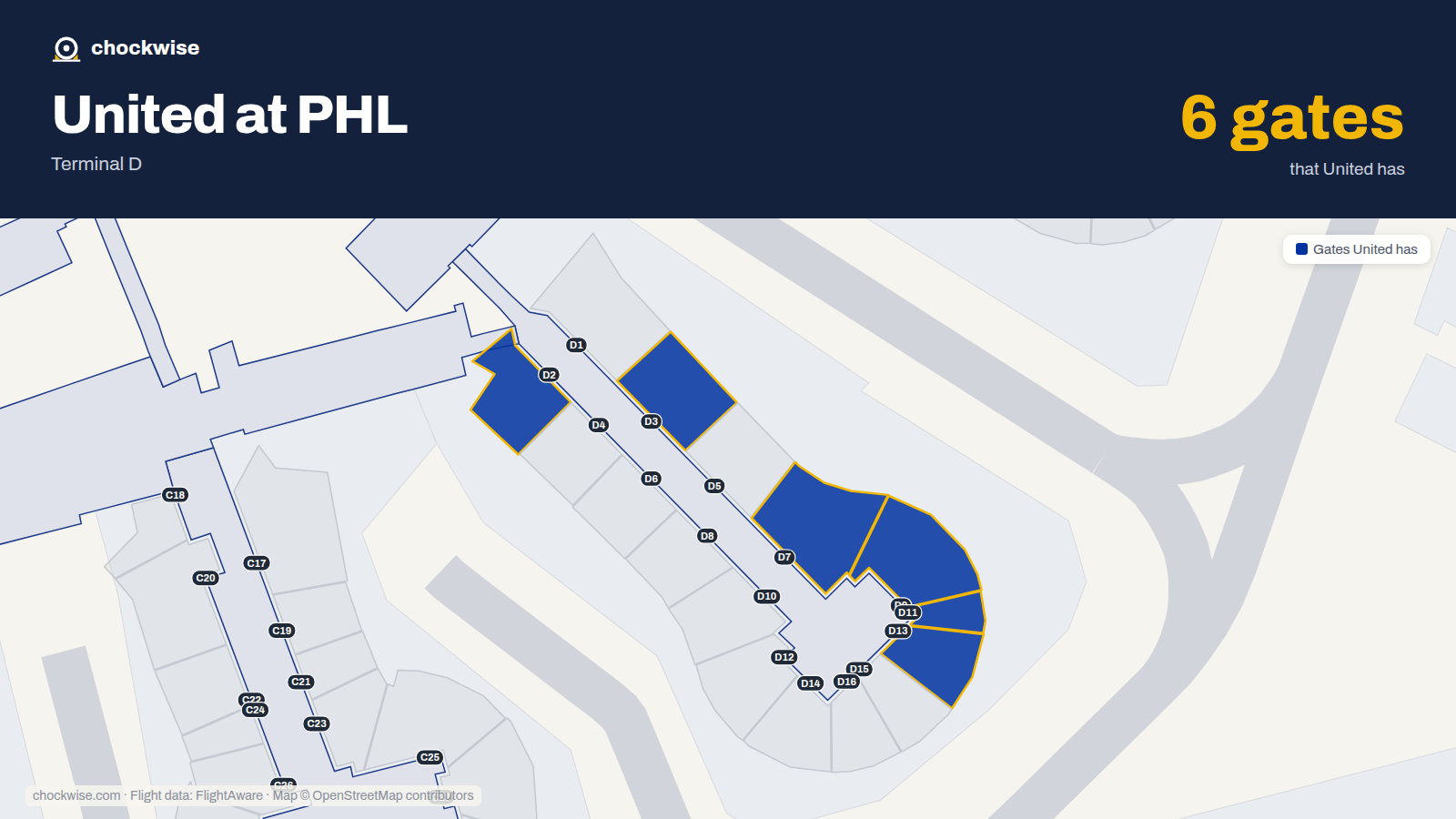 Map of PHL with the gates United Airlines uses highlighted: D2, D3, D7, D9, D11 and D13.