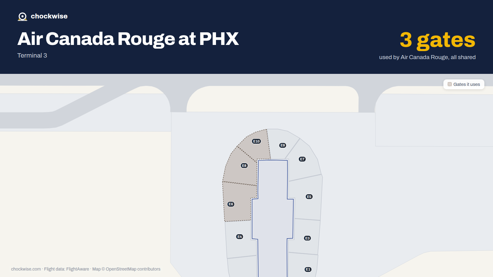 Map of PHX with the gates Air Canada Rouge uses highlighted: E6, E8 and E10.