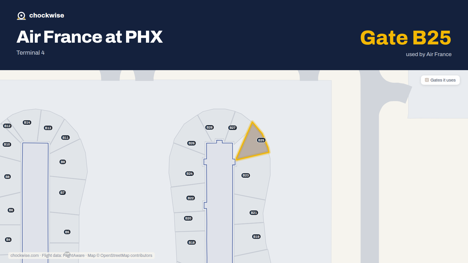 Map of PHX with the gates Air France uses highlighted: B25.