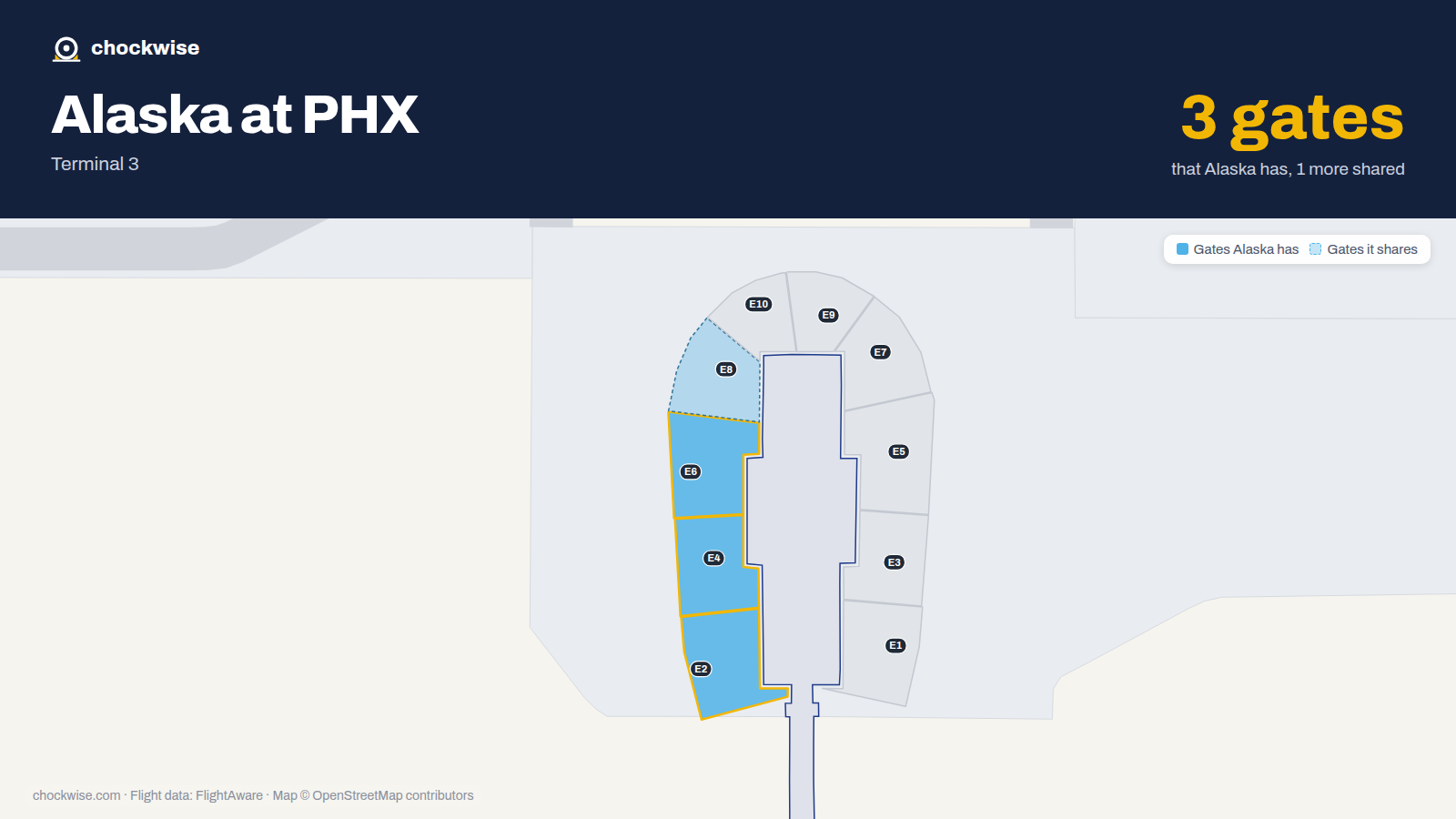Map of PHX with the gates Alaska Airlines uses highlighted: E2, E4 and E6.