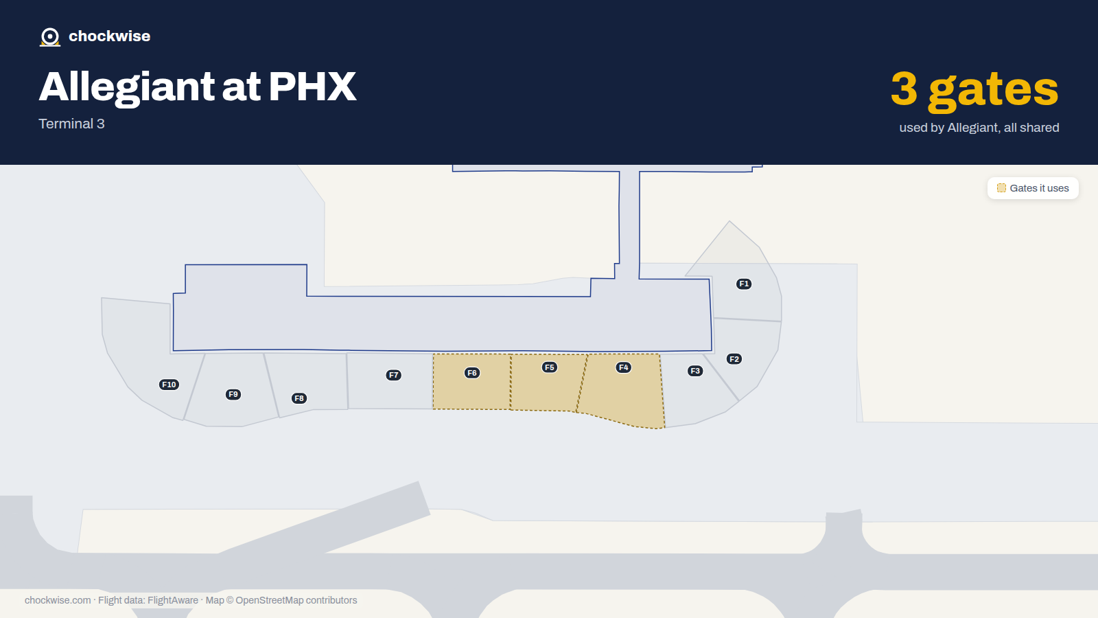 Map of PHX with the gates Allegiant Air uses highlighted: F4, F5 and F6.