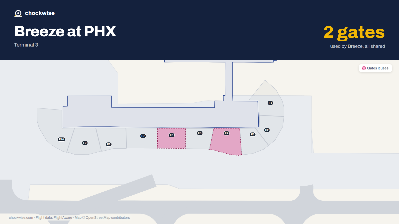 Map of PHX with the gates Breeze Airways uses highlighted: F4 and F6.