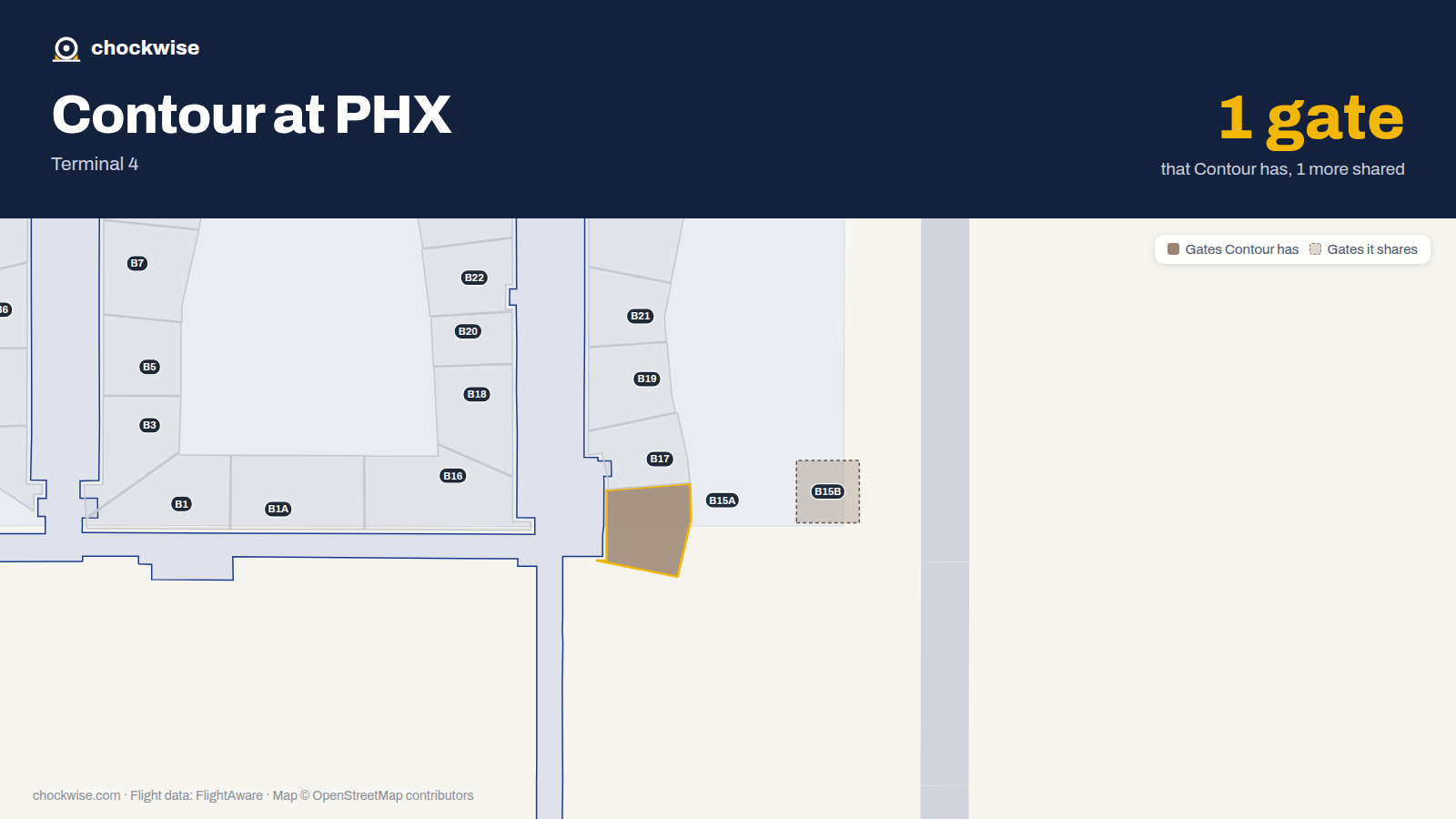 Map of PHX with the gates Contour Airlines uses highlighted: B15A.