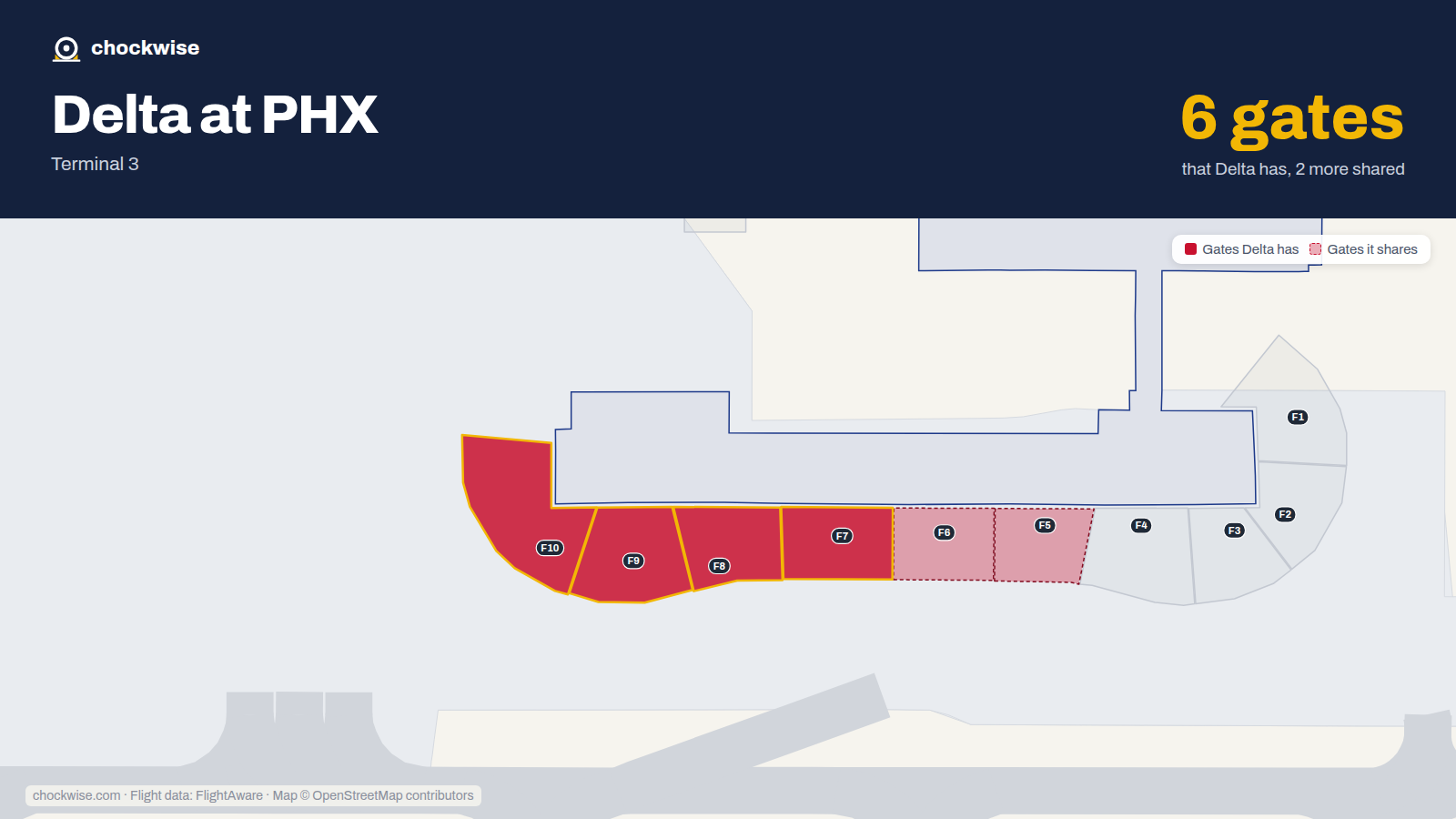 Map of PHX with the gates Delta Air Lines uses highlighted: F7, F8, F9 and F10.