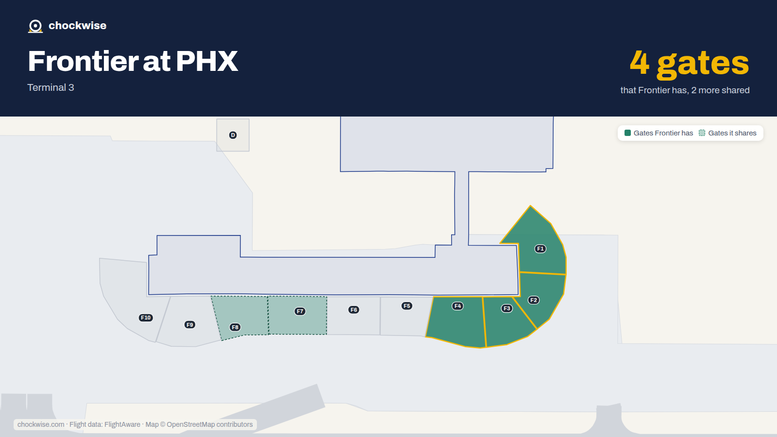 Map of PHX with the gates Frontier Airlines uses highlighted: F1, F2, F3 and F4.
