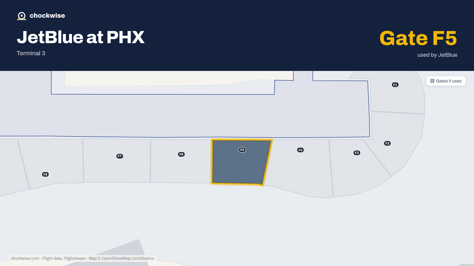 Map of PHX with the gates JetBlue uses highlighted: F5.