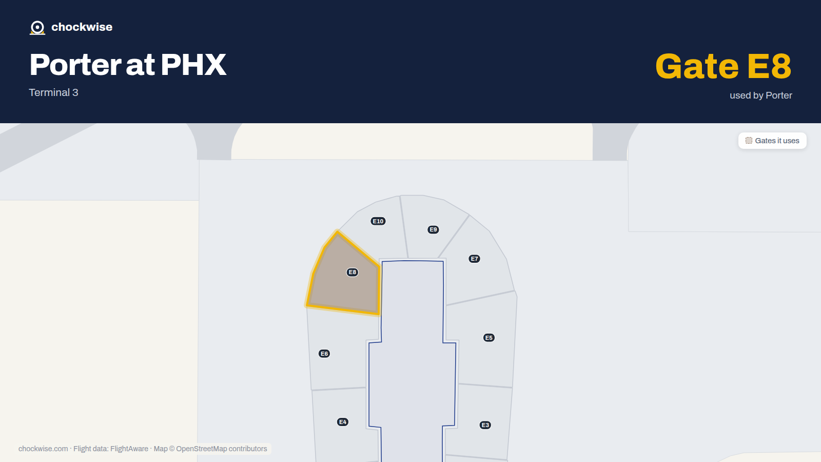 Map of PHX with the gates Porter Airlines uses highlighted: E8.