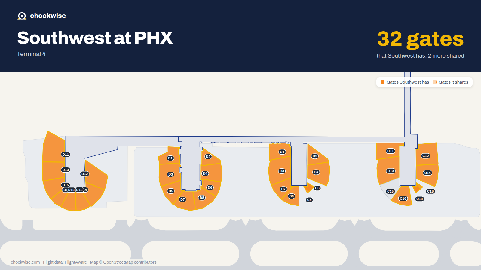 Map of PHX with the gates Southwest Airlines uses highlighted: C1, D1, C2, D2, C3, D3, C4, D4 and 23 more.