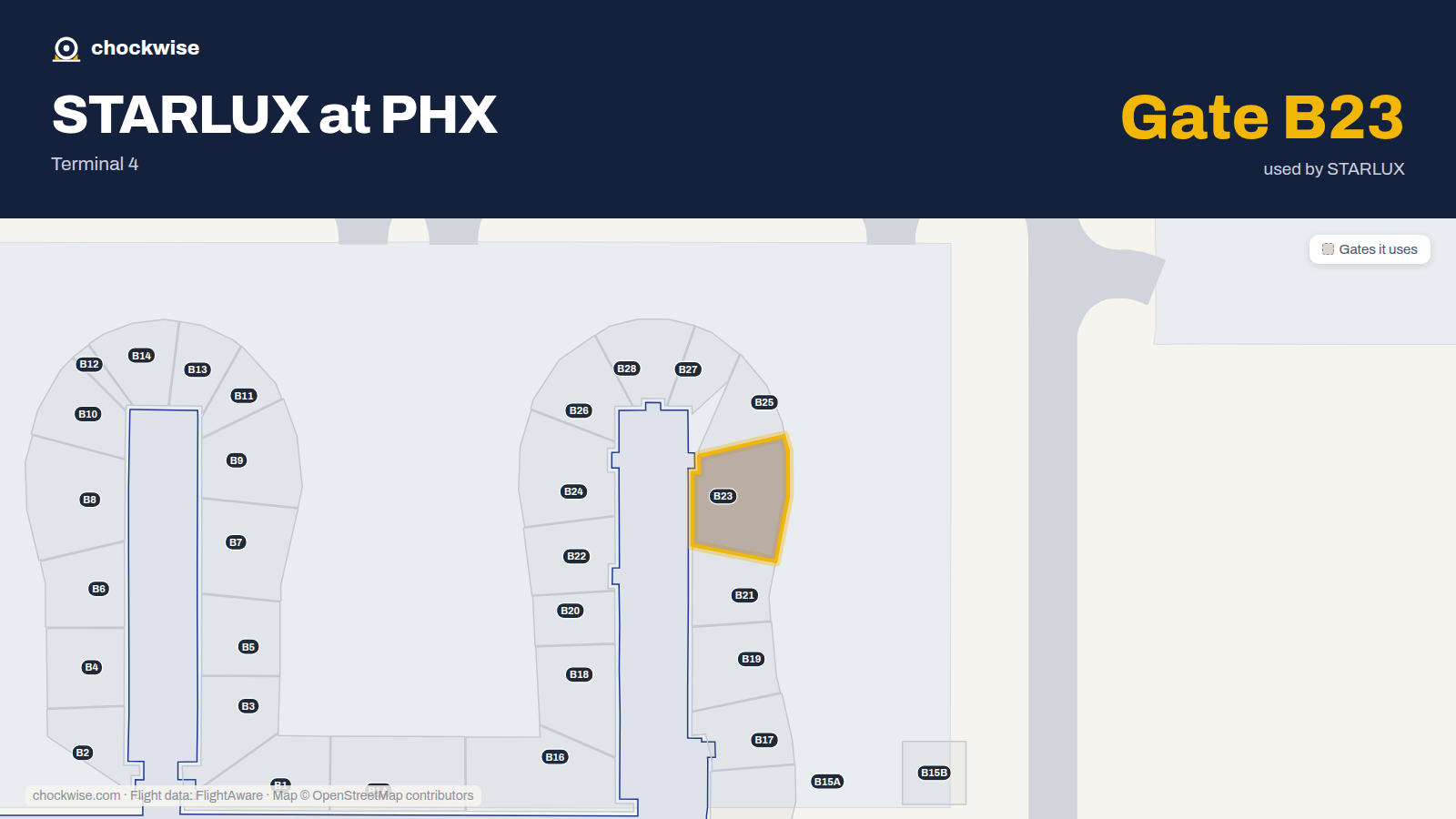 Map of PHX with the gates STARLUX Airlines uses highlighted: B23.