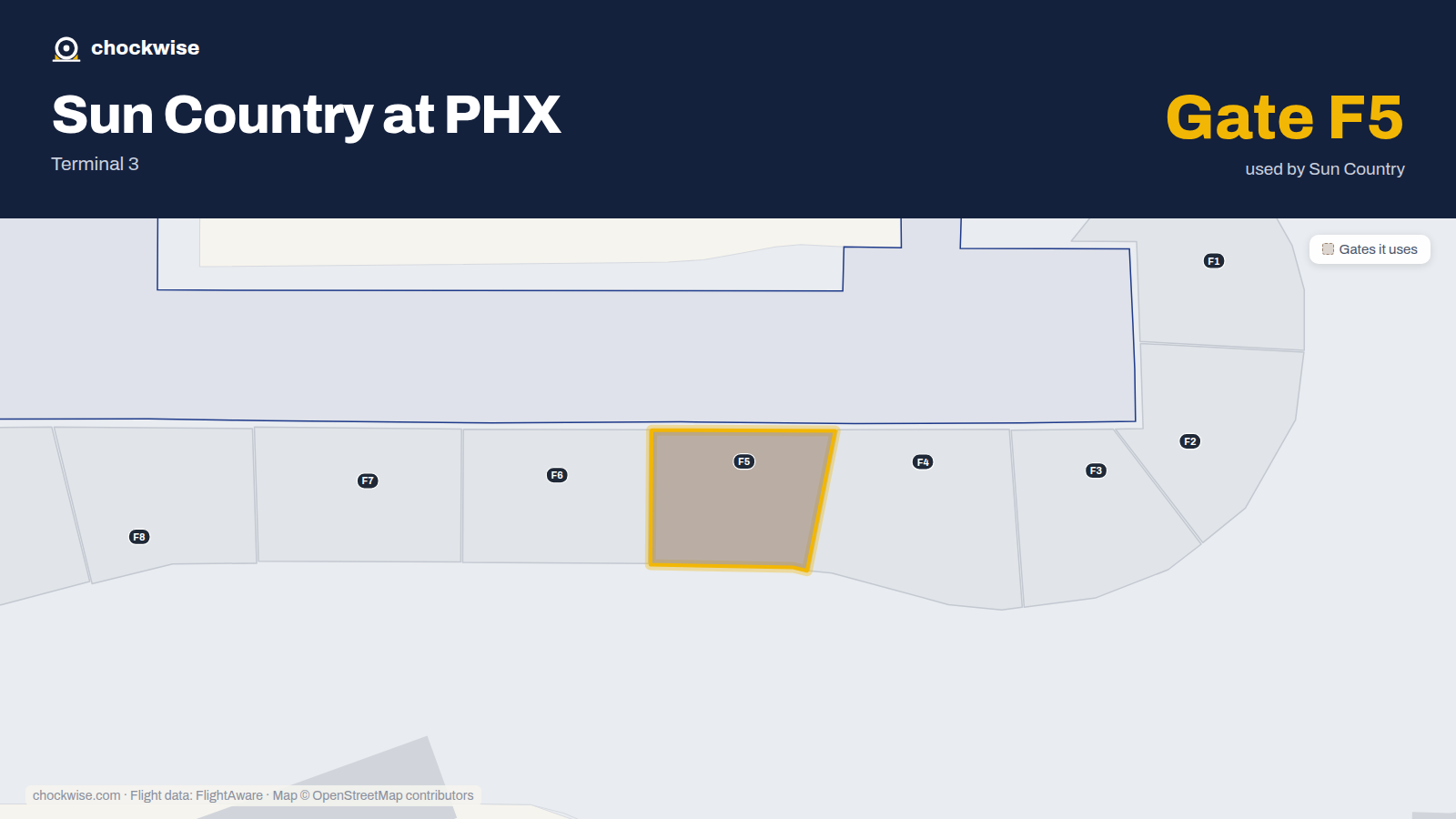 Map of PHX with the gates Sun Country Airlines uses highlighted: F5.