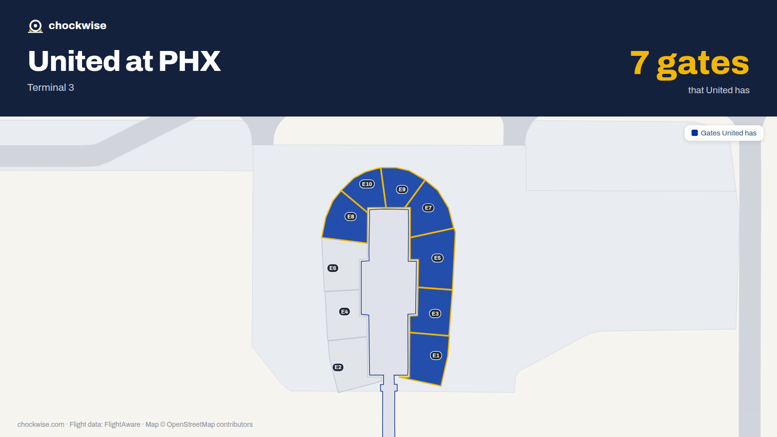 Map of PHX with the gates United Airlines uses highlighted: E1, E3, E5, E7, E8, E9 and E10.