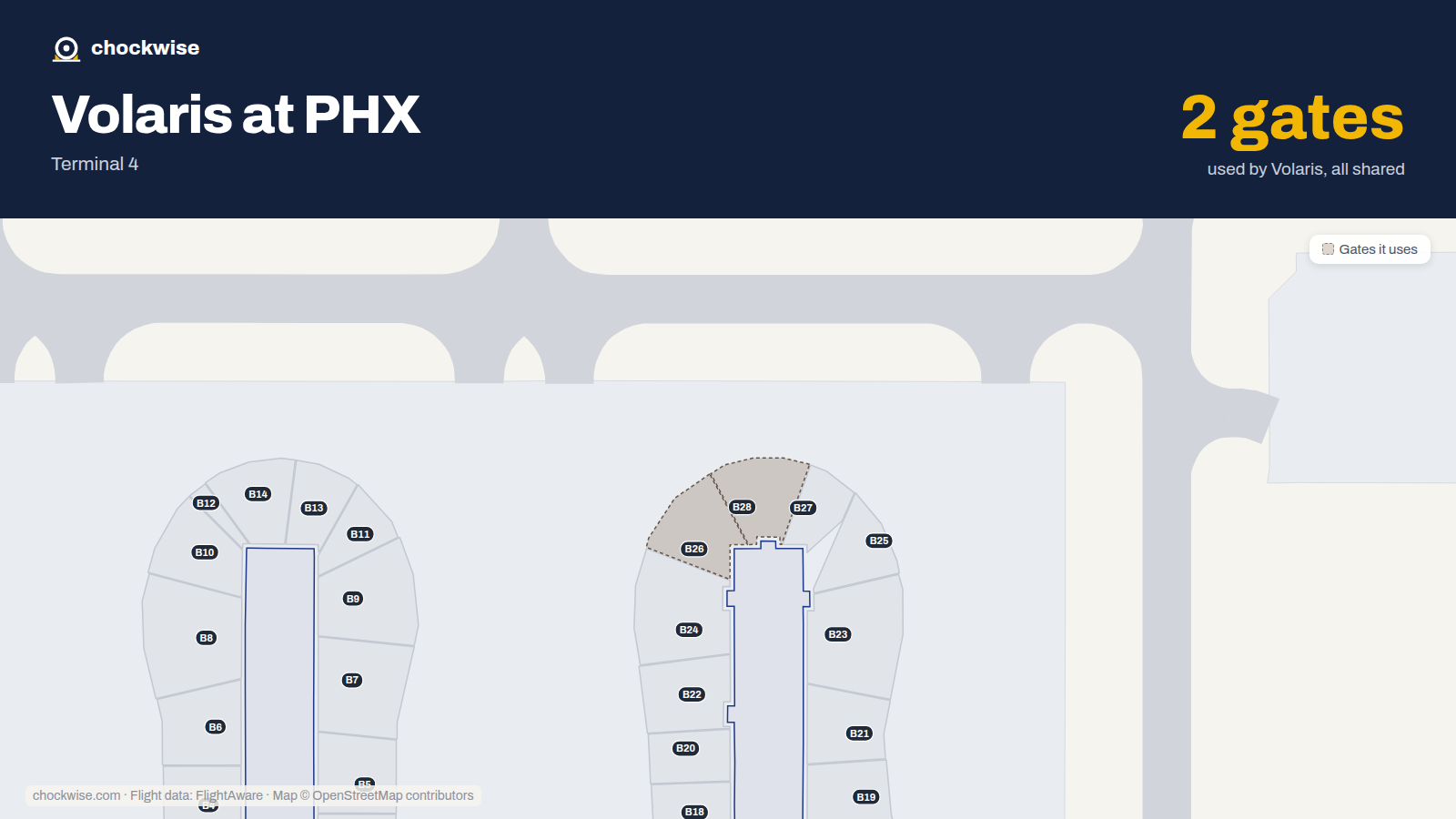 Map of PHX with the gates Volaris uses highlighted: B26 and B28.