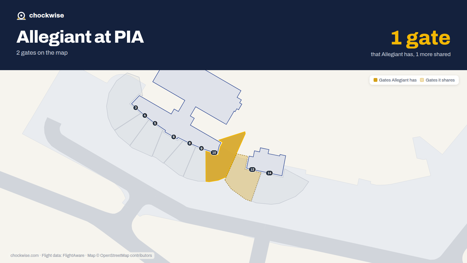 Map of PIA with the gates Allegiant Air uses highlighted: 10.