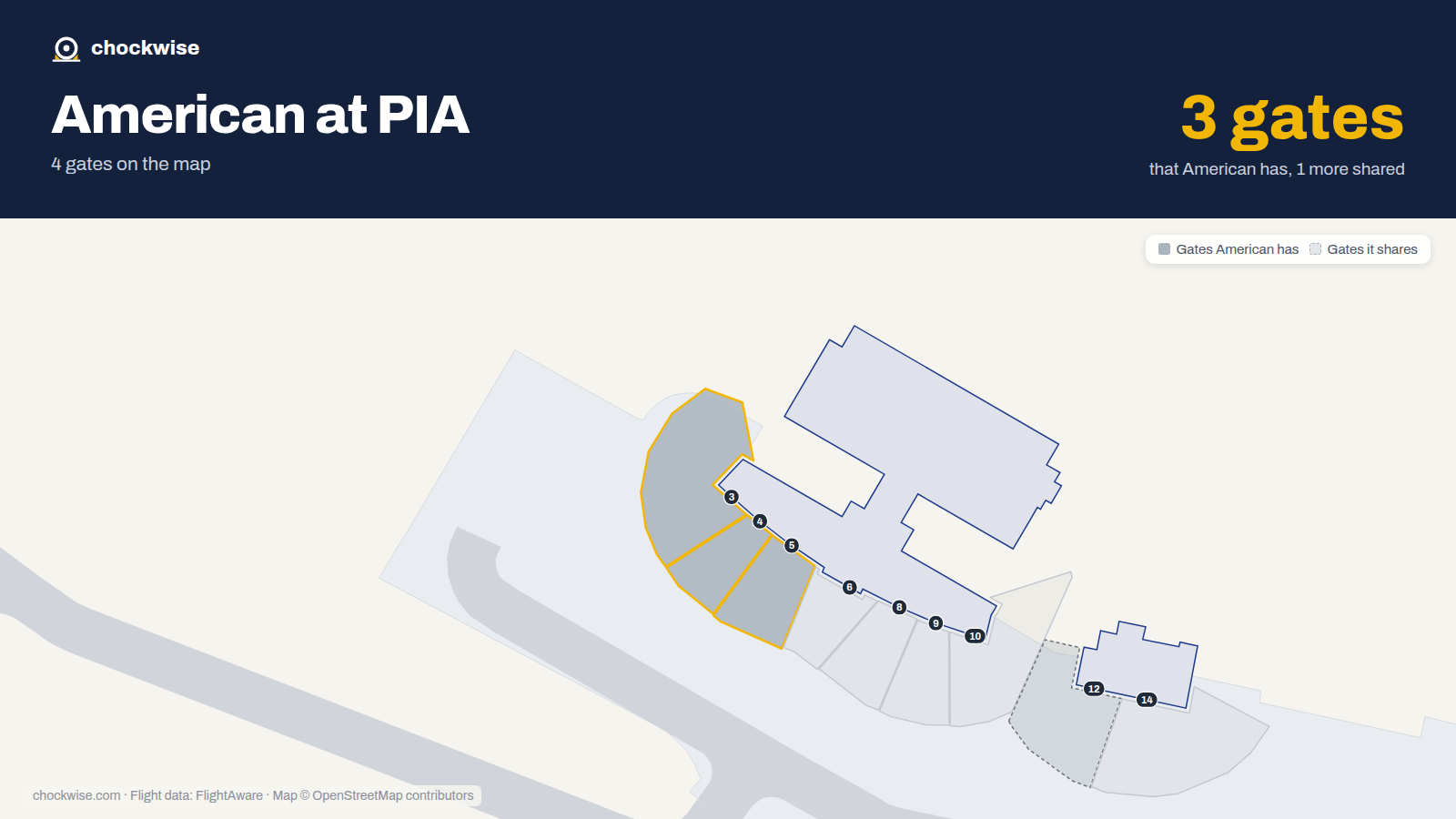 Map of PIA with the gates American Airlines uses highlighted: 3, 4 and 5.