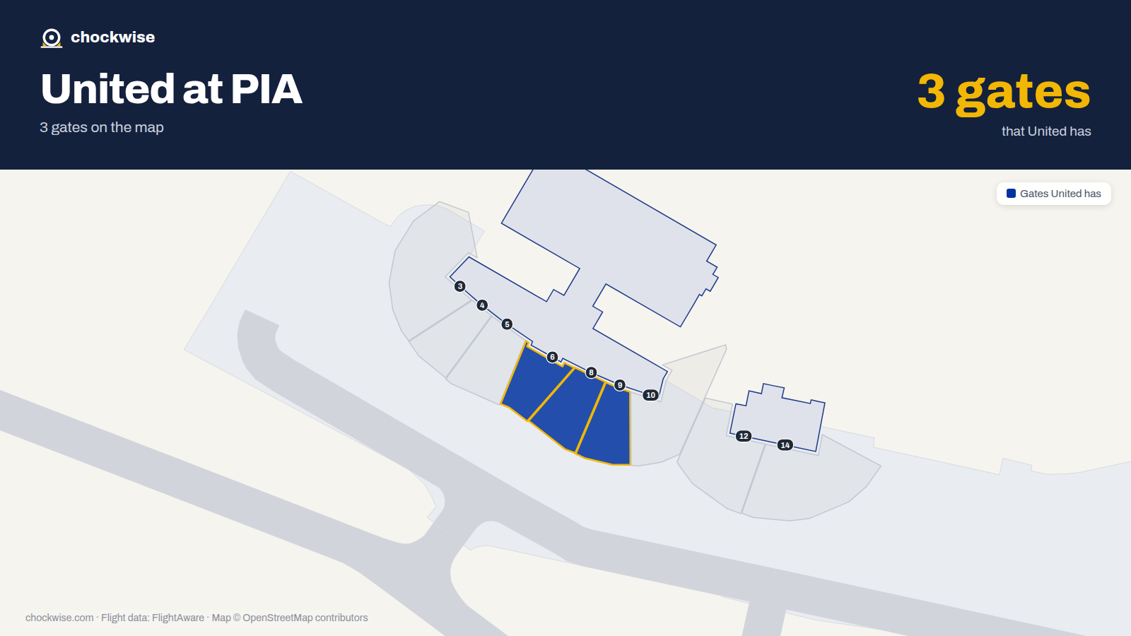 Map of PIA with the gates United Airlines uses highlighted: 6, 8 and 9.