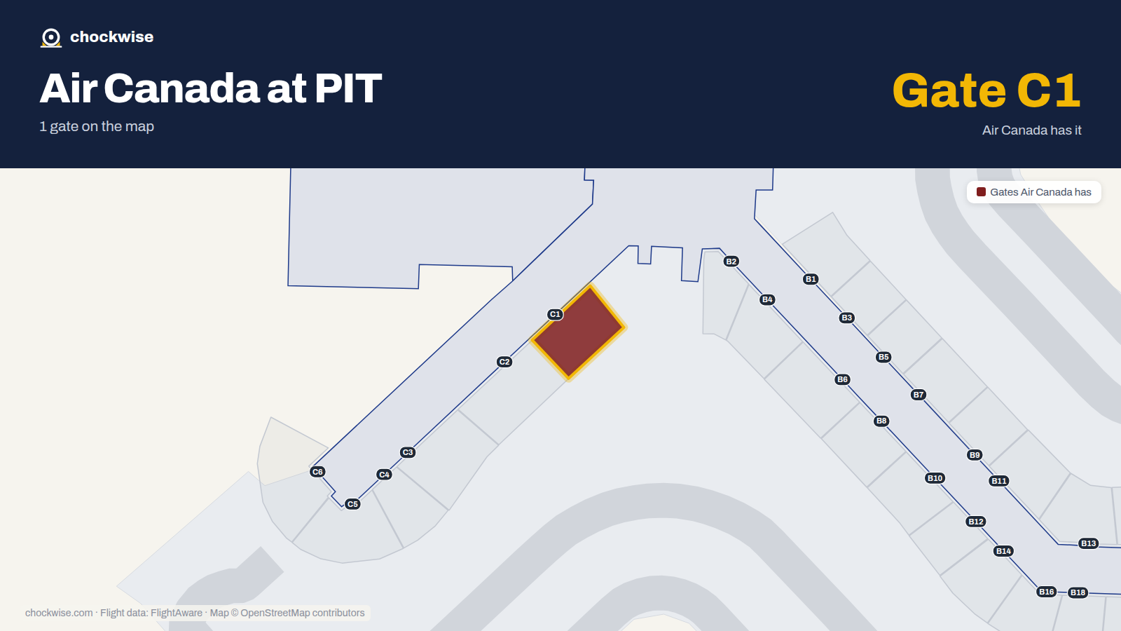 Map of PIT with the gates Air Canada uses highlighted: C1.