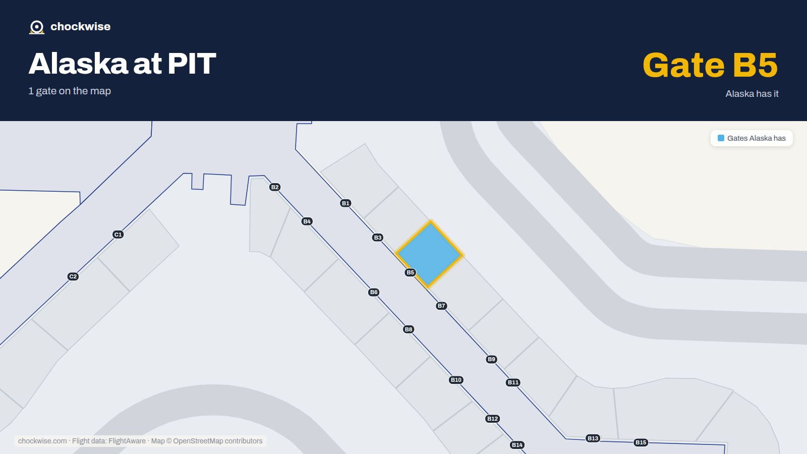 Map of PIT with the gates Alaska Airlines uses highlighted: B5.