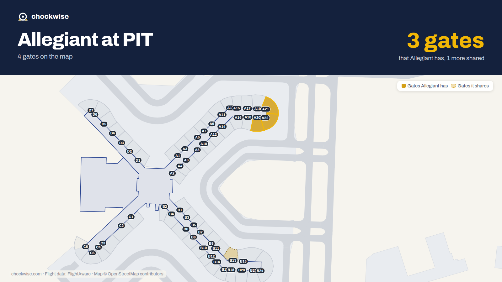 Map of PIT with the gates Allegiant Air uses highlighted: A20, A21 and A22.