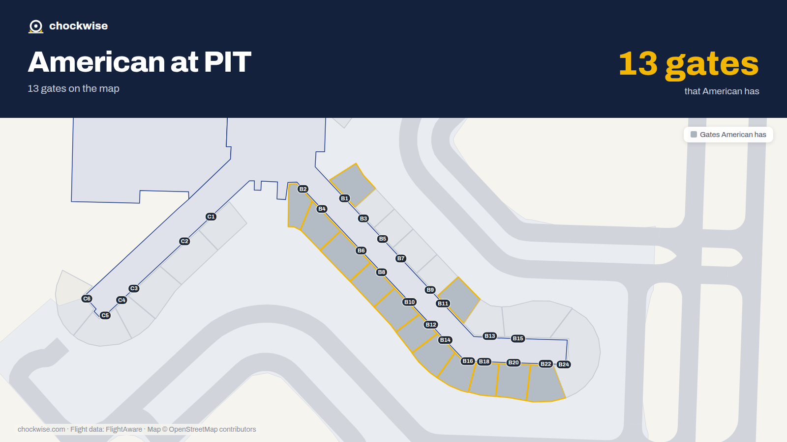 Map of PIT with the gates American Airlines uses highlighted: B1, B2, B4, B6, B8, B10, B11, B12 and 5 more.