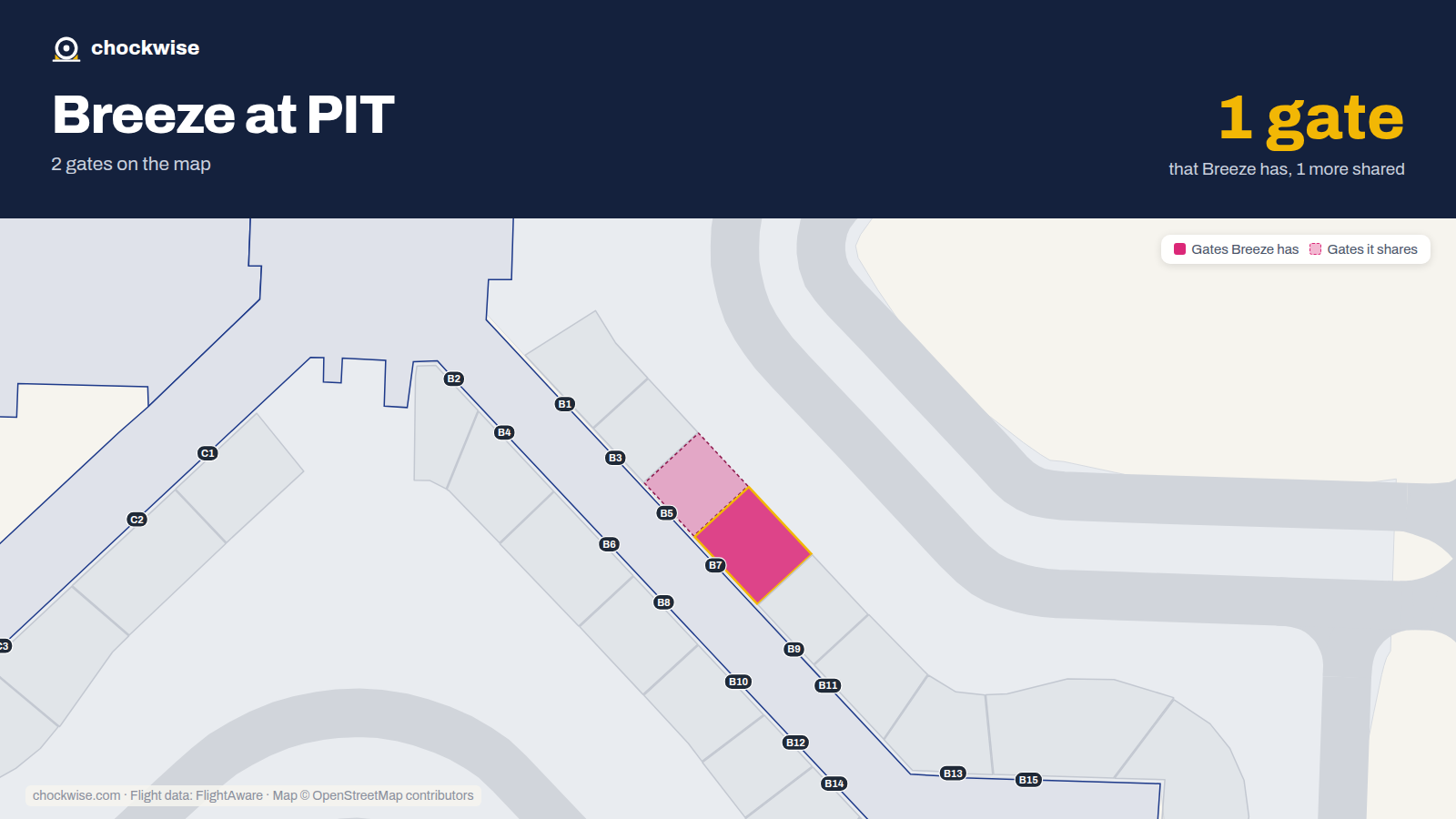 Map of PIT with the gates Breeze Airways uses highlighted: B7.