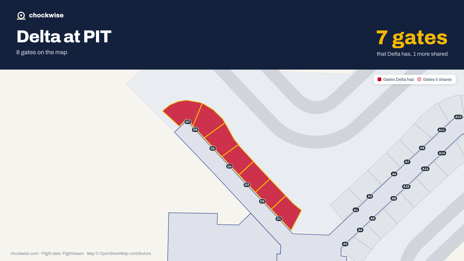 Map of PIT with the gates Delta Air Lines uses highlighted: D1, D2, D3, D4, D5, D6 and D7.