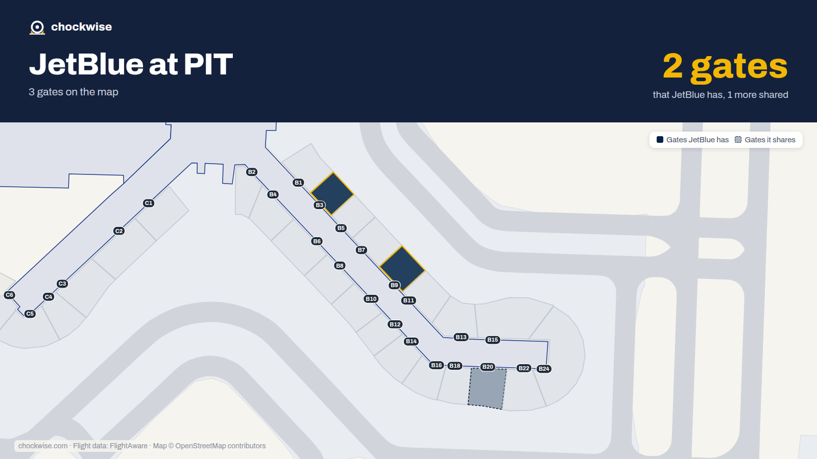 Map of PIT with the gates JetBlue uses highlighted: B3 and B9.