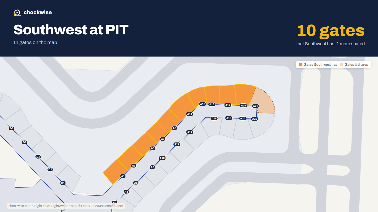 Map of PIT with the gates Southwest Airlines uses highlighted: A1, A3, A5, A7, A9, A11, A13, A15 and 2 more.
