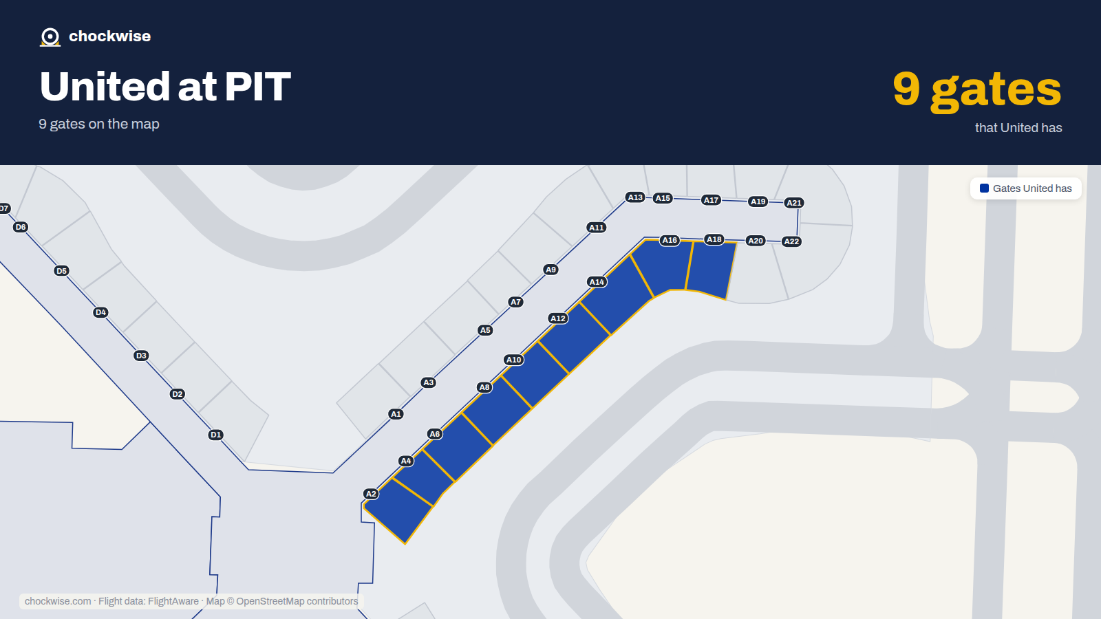 Map of PIT with the gates United Airlines uses highlighted: A2, A4, A6, A8, A10, A12, A14, A16 and 1 more.