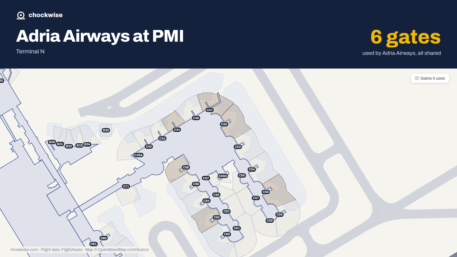 Map of PMI with the gates Adria Airways uses highlighted: C44, C47, C50, C56, C62 and C68.