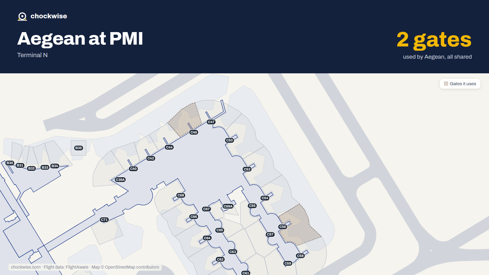 Map of PMI with the gates Aegean Airlines uses highlighted: C46 and C56.
