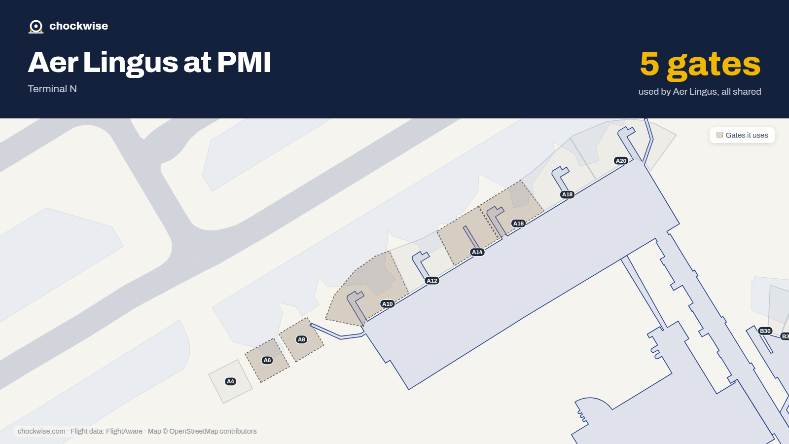Map of PMI with the gates Aer Lingus uses highlighted: A6, A8, A10, A14 and A16.