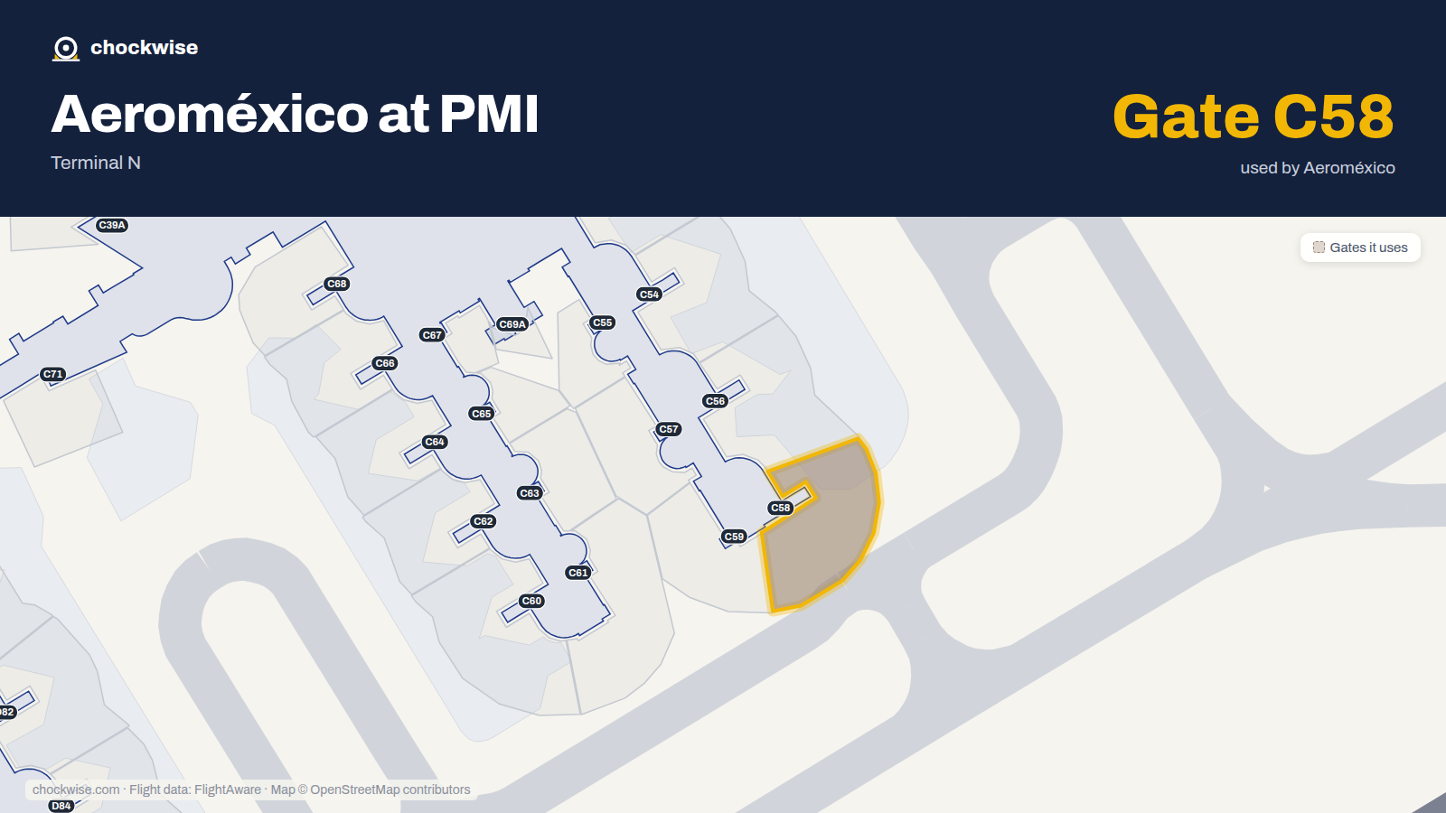 Map of PMI with the gates Aeroméxico uses highlighted: C58.