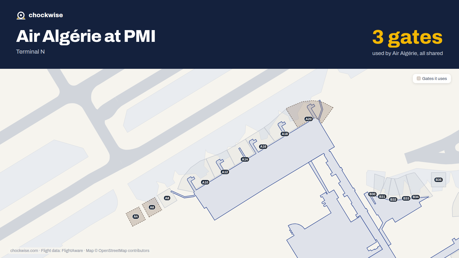 Map of PMI with the gates Air Algérie uses highlighted: A4, A6 and A20.