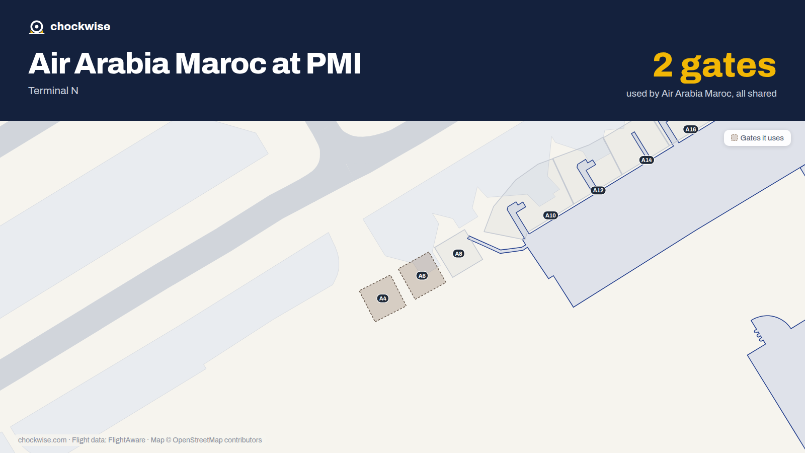 Map of PMI with the gates Air Arabia Maroc uses highlighted: A4 and A6.