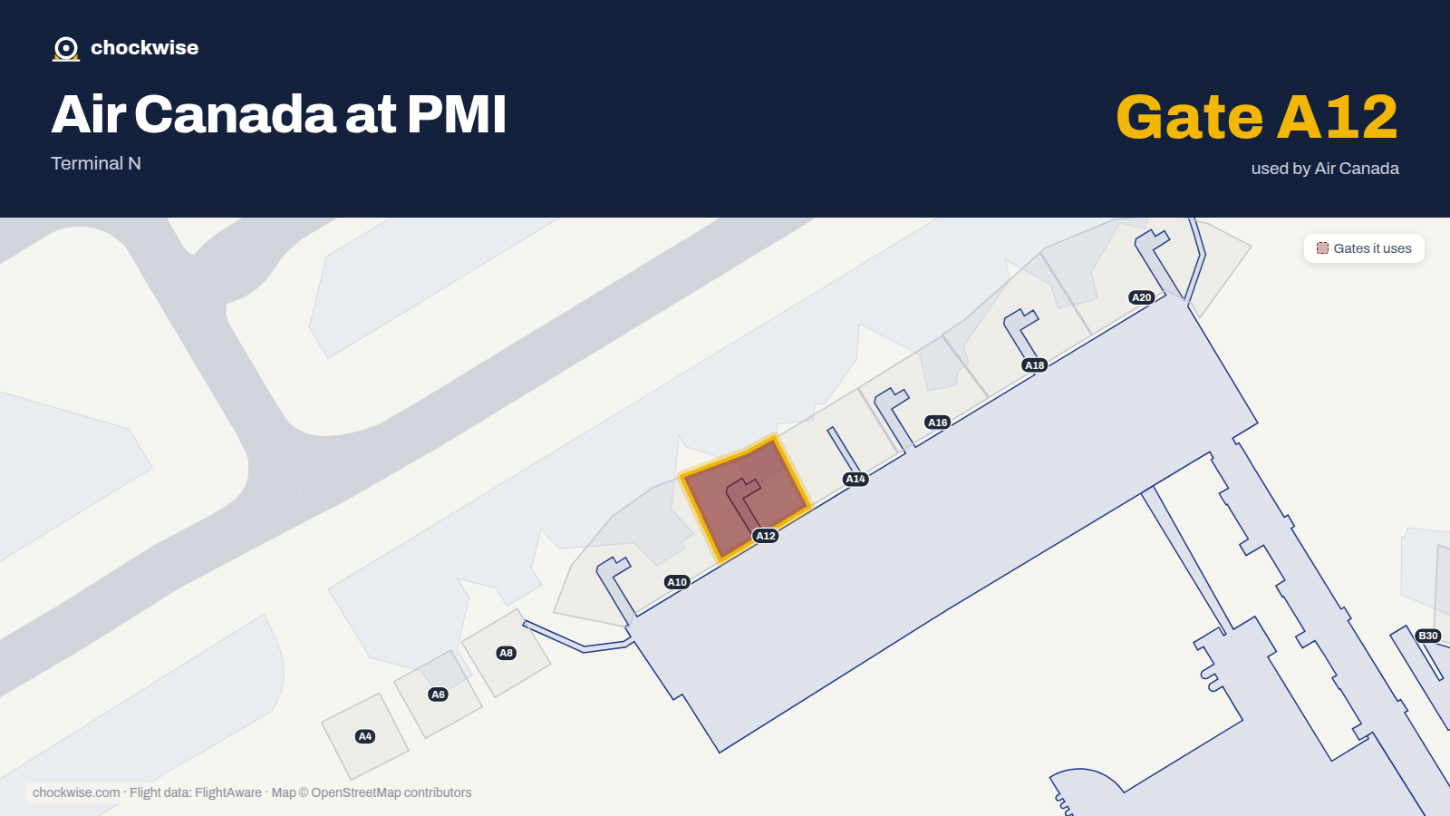 Map of PMI with the gates Air Canada uses highlighted: A12.