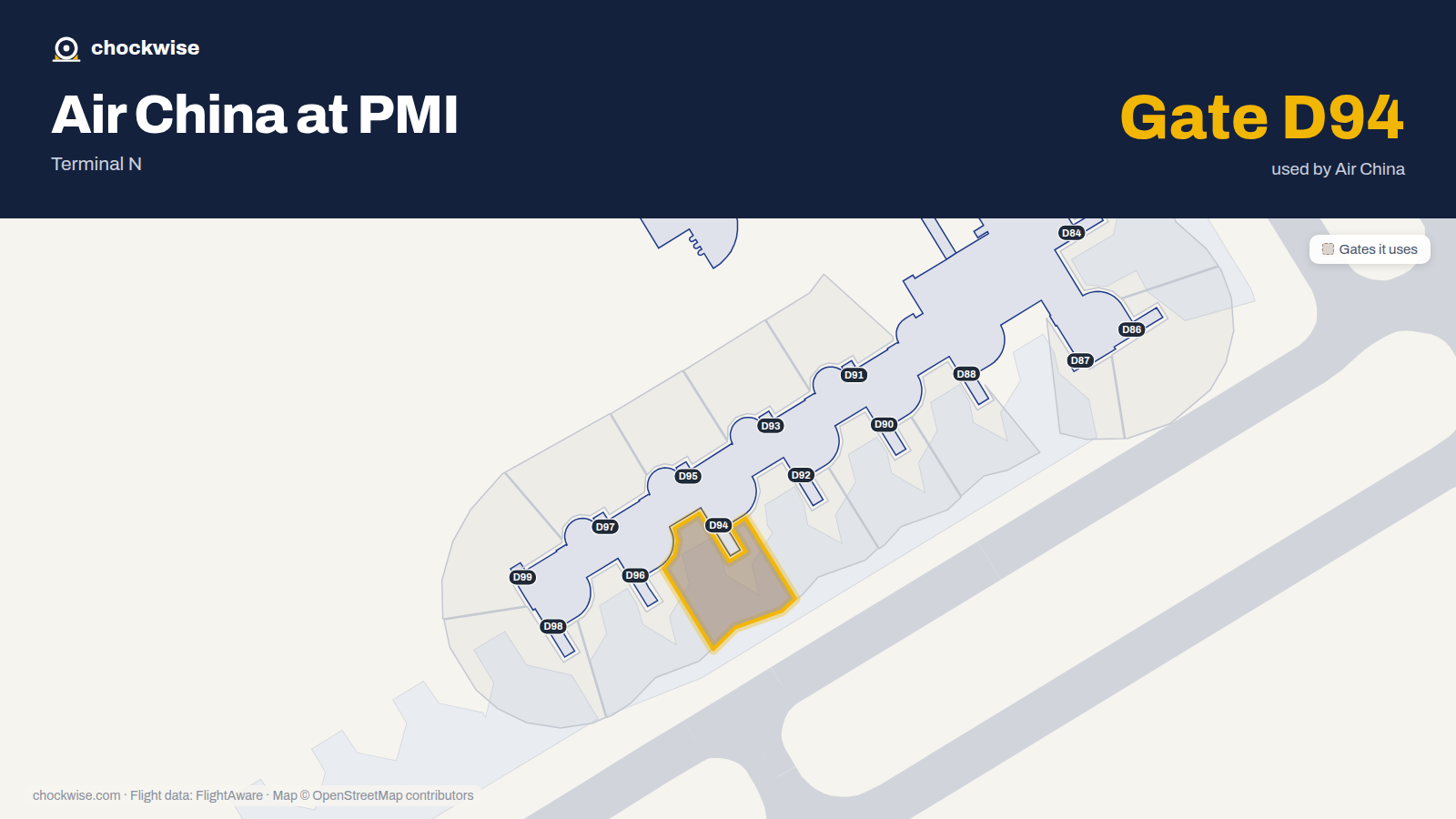 Map of PMI with the gates Air China uses highlighted: D94.
