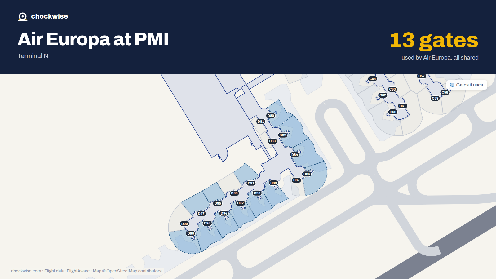 Map of PMI with the gates Air Europa uses highlighted: D80, D82, D84, D86, D88, D90, D91, D92 and 5 more.