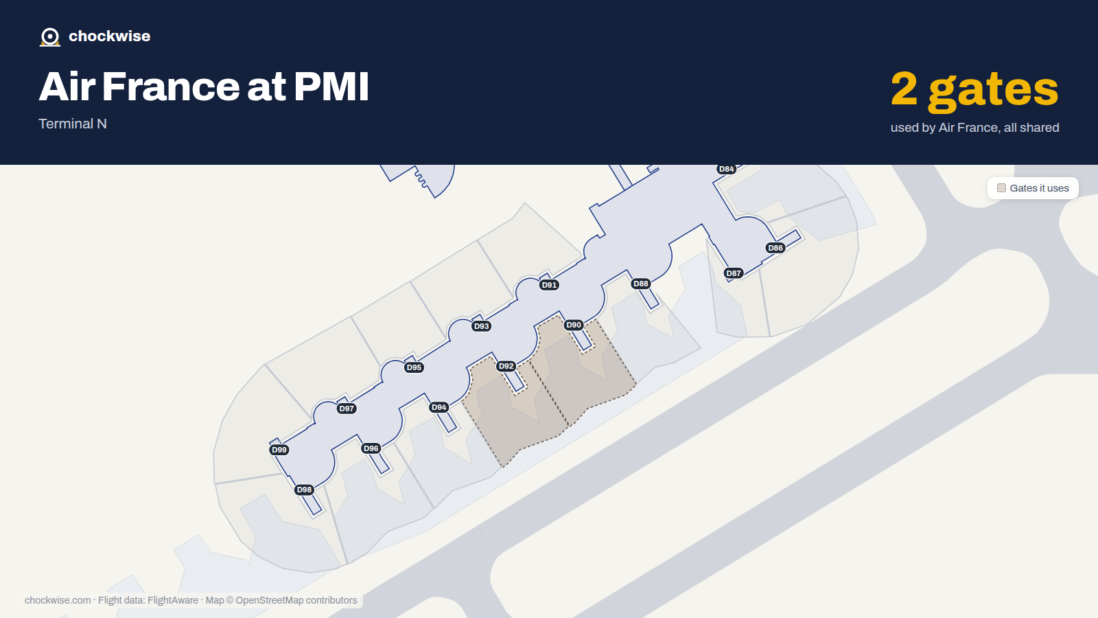 Map of PMI with the gates Air France uses highlighted: D90 and D92.
