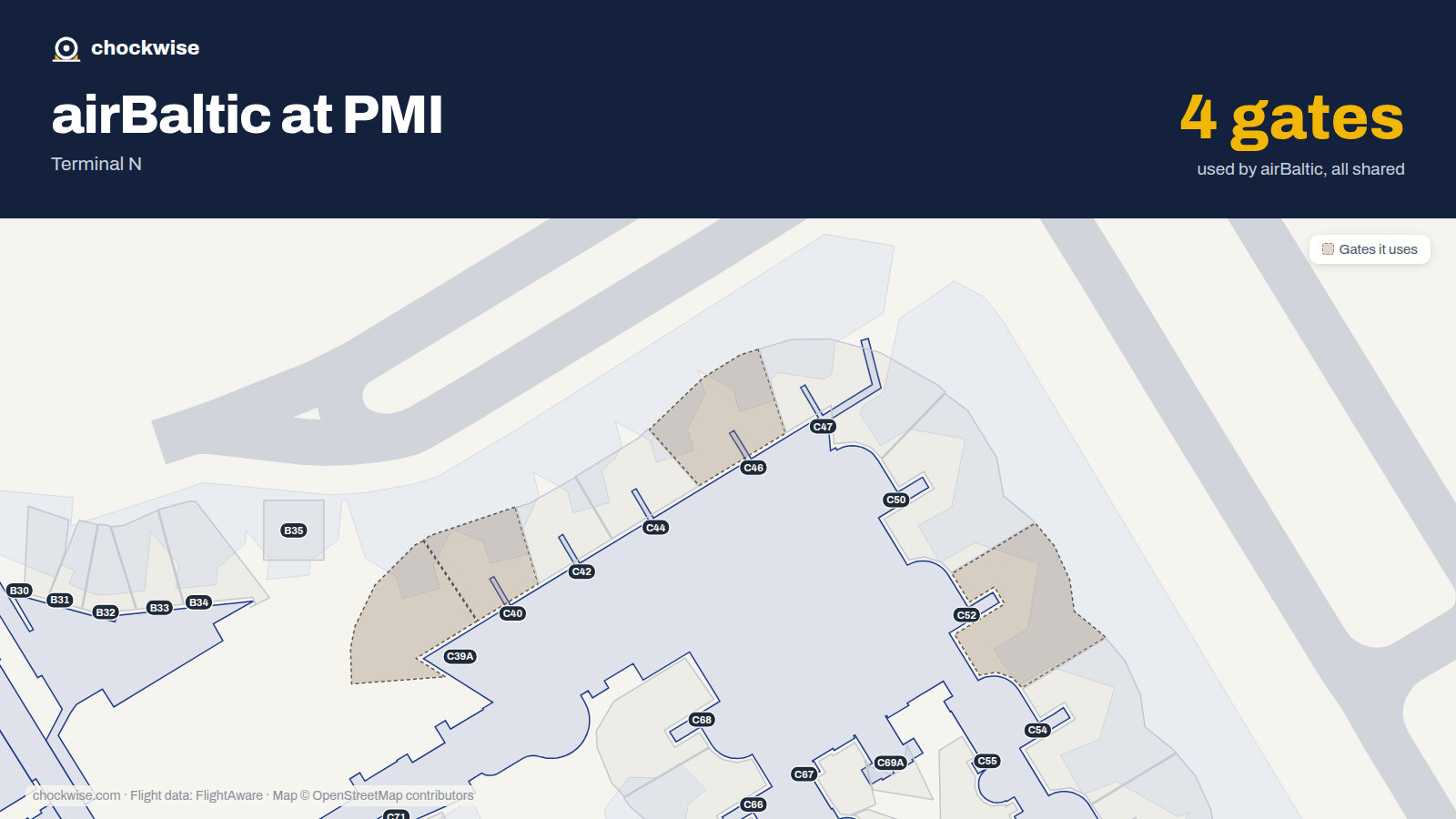 Map of PMI with the gates airBaltic uses highlighted: C39A, C40, C46 and C52.