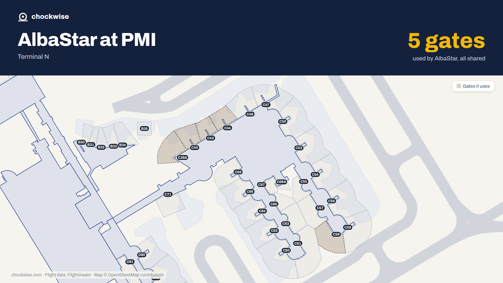 Map of PMI with the gates AlbaStar uses highlighted: C39A, C40, C42, C44 and C59.