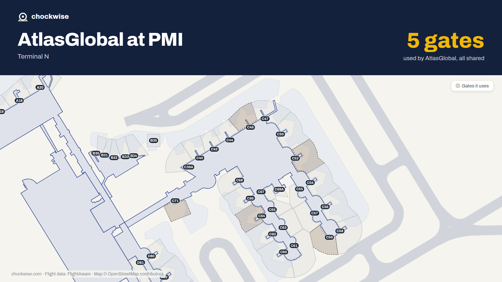 Map of PMI with the gates AtlasGlobal uses highlighted: C46, C52, C59, C64 and C71.