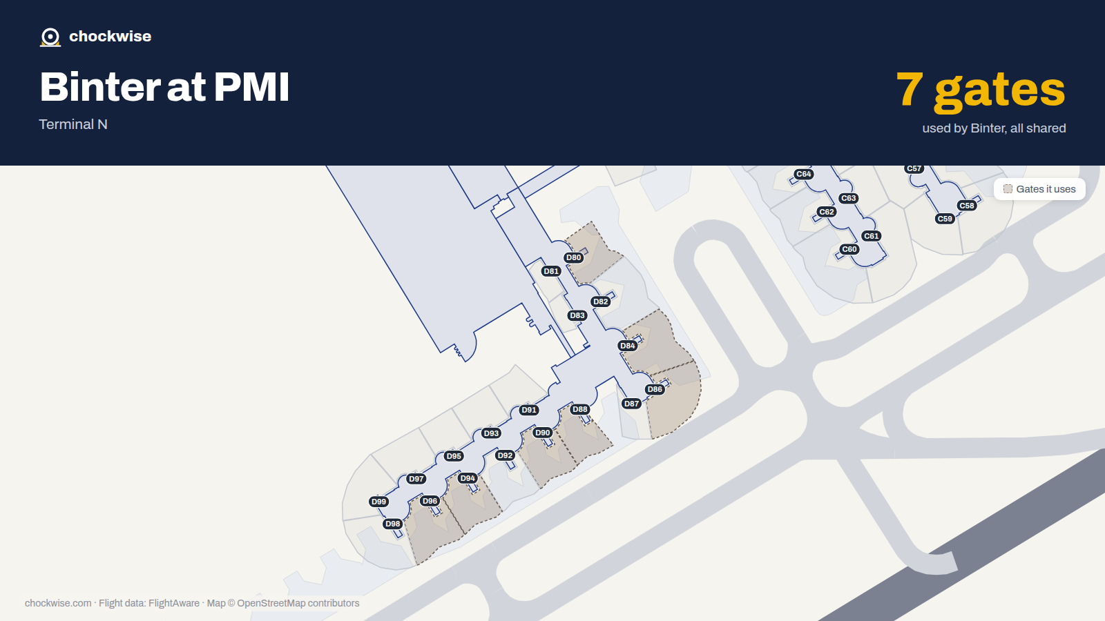 Map of PMI with the gates Binter Canarias uses highlighted: D80, D84, D86, D88, D90, D94 and D96.