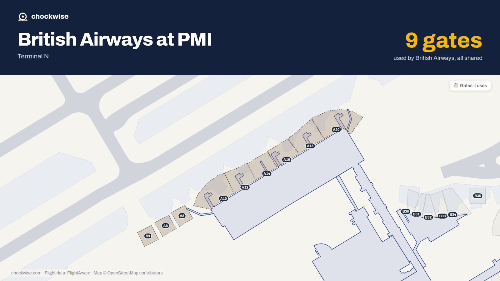 Map of PMI with the gates British Airways uses highlighted: A4, A6, A8, A10, A12, A14, A16, A18 and 1 more.