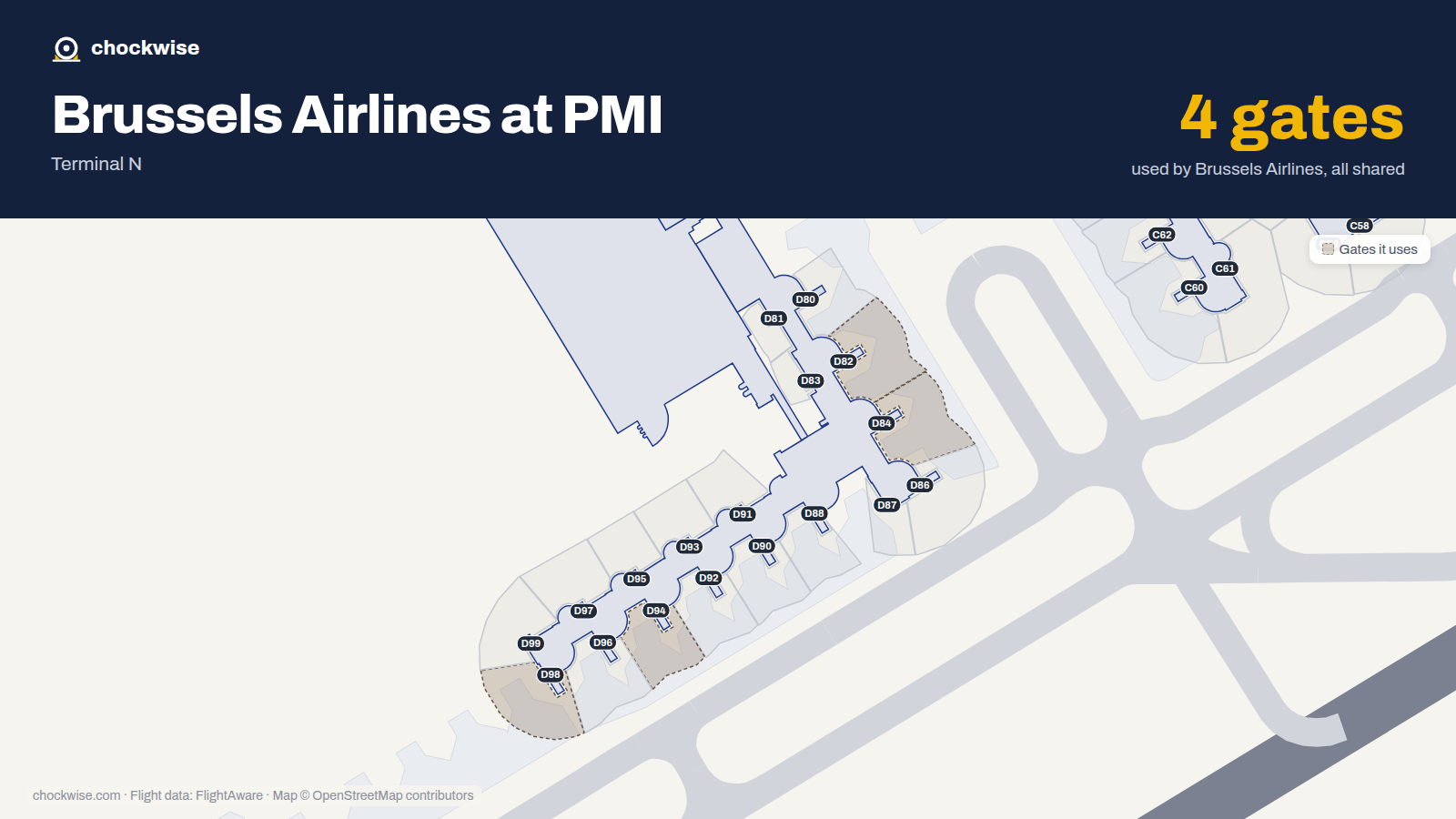 Map of PMI with the gates Brussels Airlines uses highlighted: D82, D84, D94 and D98.