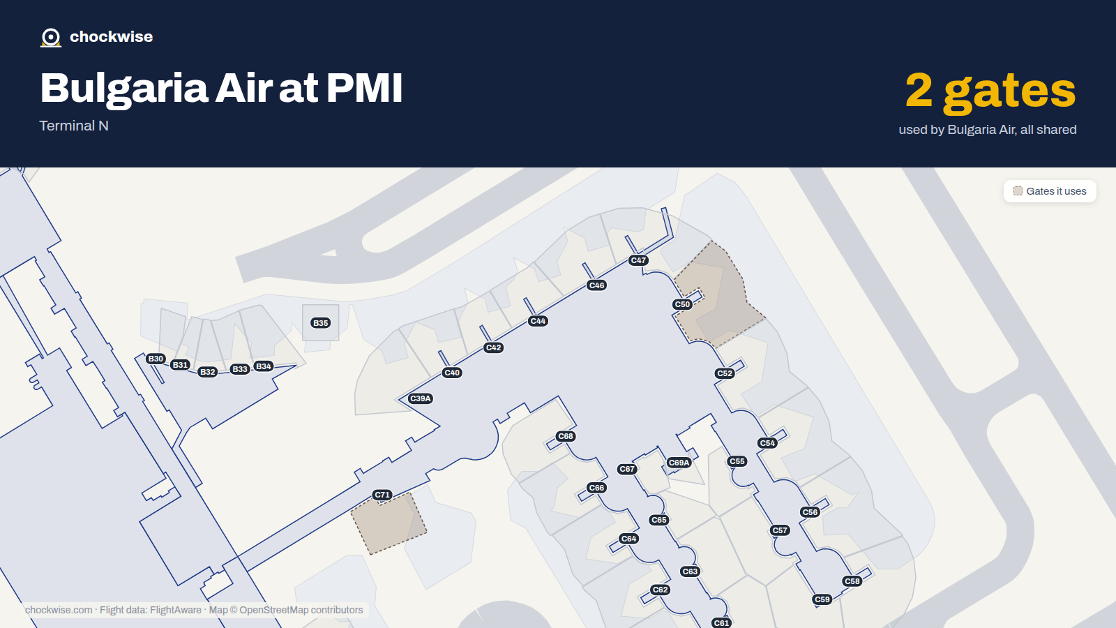 Map of PMI with the gates Bulgaria Air uses highlighted: C50 and C71.