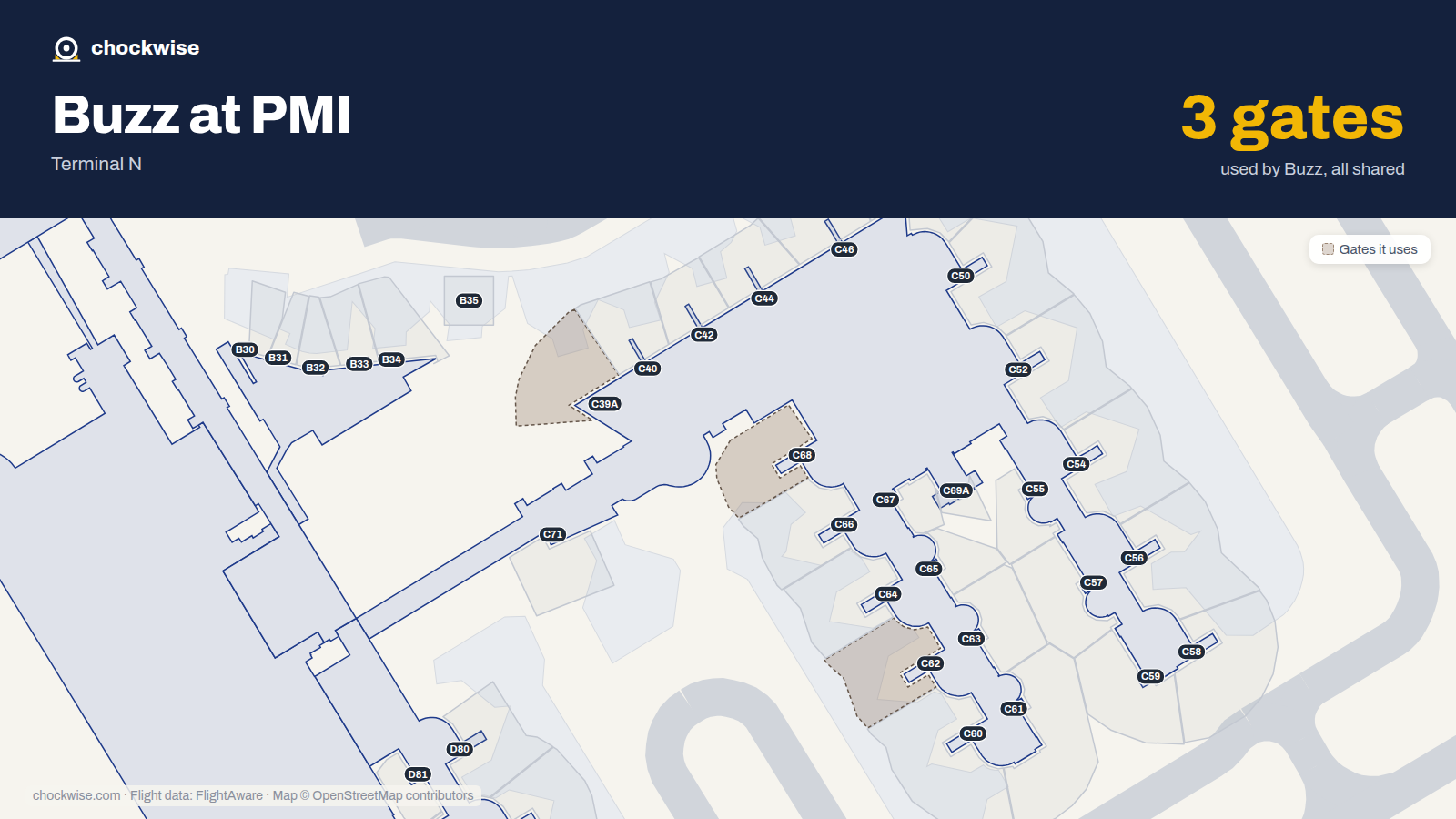 Map of PMI with the gates Buzz uses highlighted: C39A, C62 and C68.