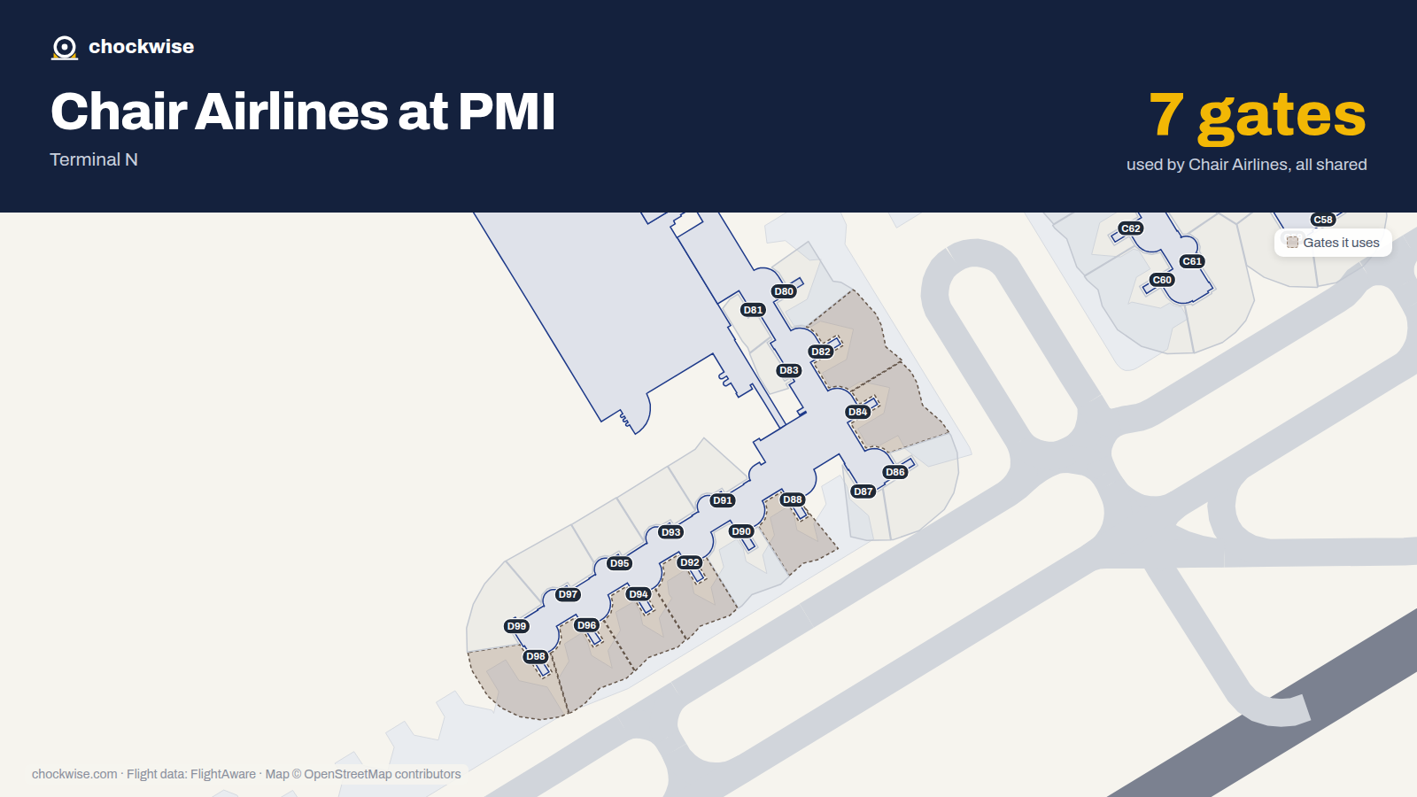 Map of PMI with the gates Chair Airlines uses highlighted: D82, D84, D88, D92, D94, D96 and D98.