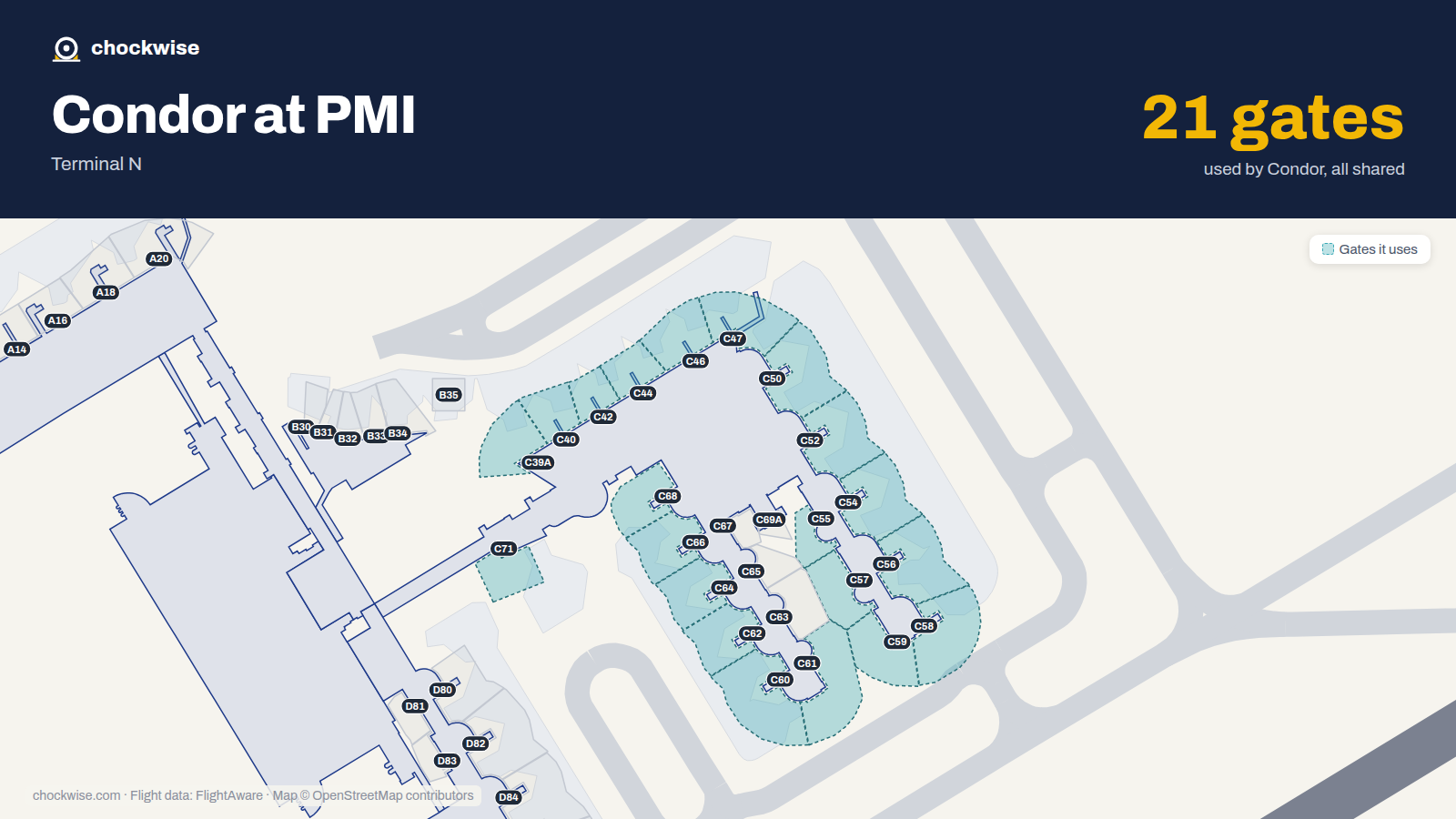 Map of PMI with the gates Condor uses highlighted: C39A, C40, C42, C44, C46, C47, C50, C52 and 13 more.