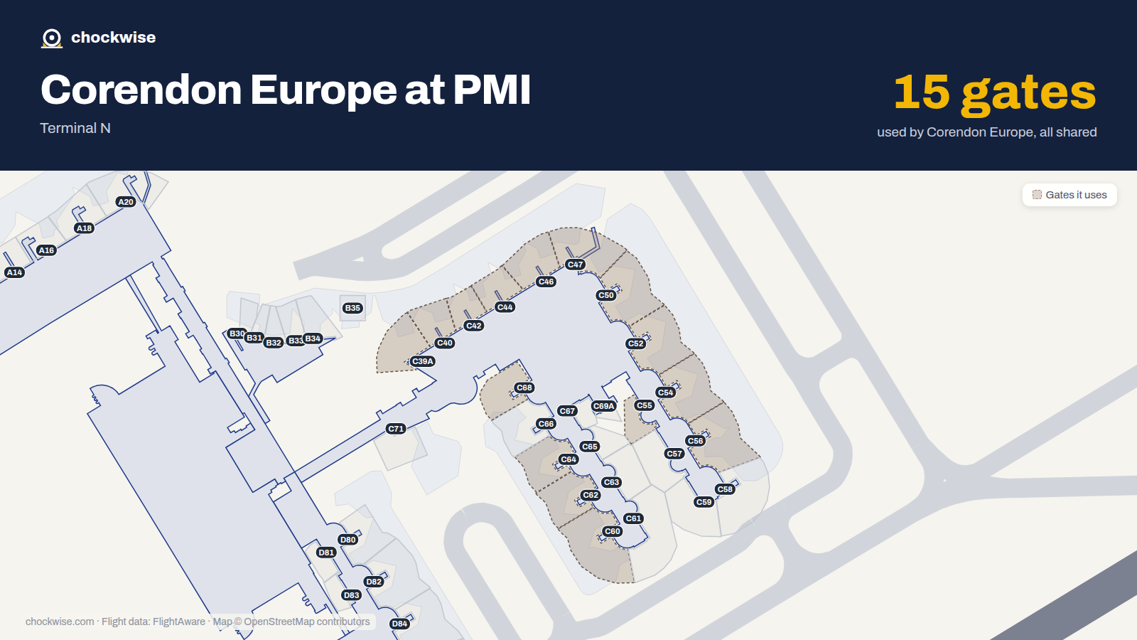 Map of PMI with the gates Corendon Airlines Europe uses highlighted: C39A, C40, C42, C44, C46, C47, C50, C52 and 7 more.
